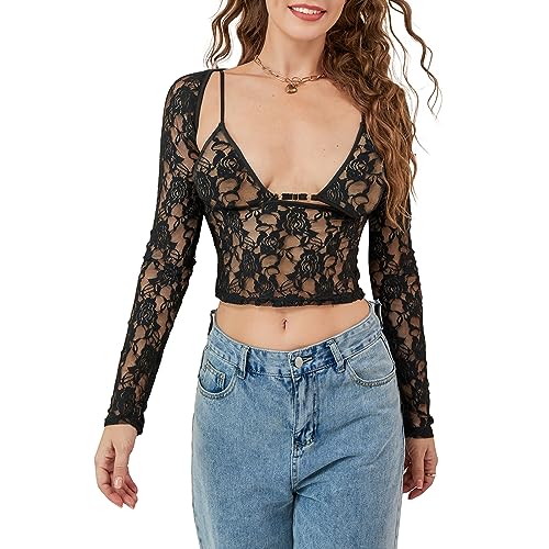 トップス BLOSSOM LACE TOPS Cjfdfy Women's Sexy Lace Going Out Tops Long Sleeve Cropped